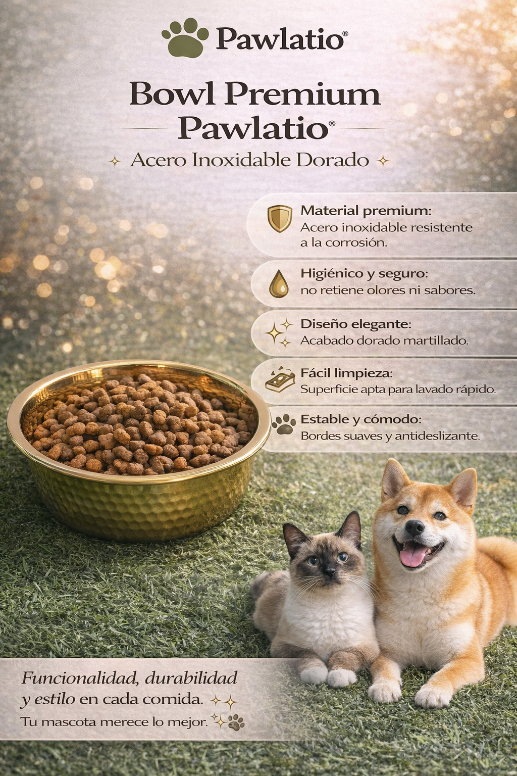Bowl Premium Pawlatio – Acero Inoxidable Dorado