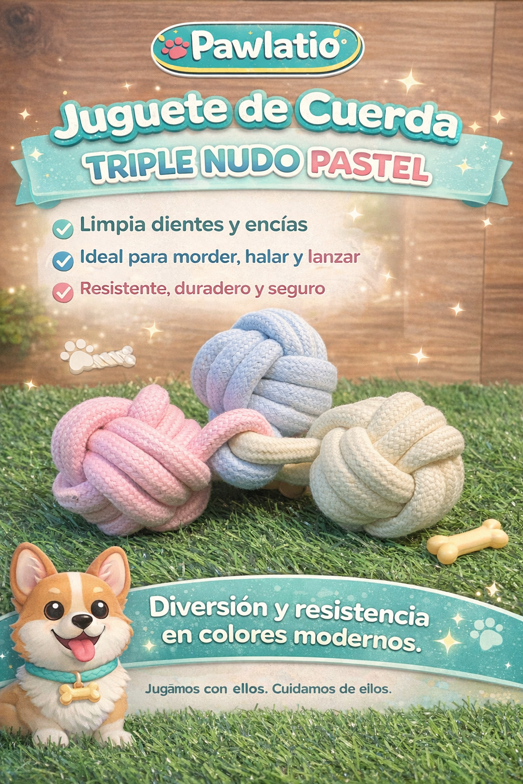 🐾 Pawlatio – Juguete de Cuerda Triple Nudo Pastel