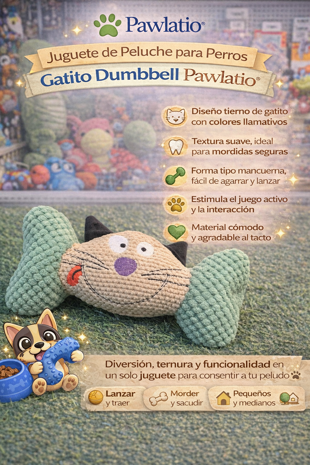 🐱 Juguete de Peluche para Perros – Gatito Dumbbell Pawlatio